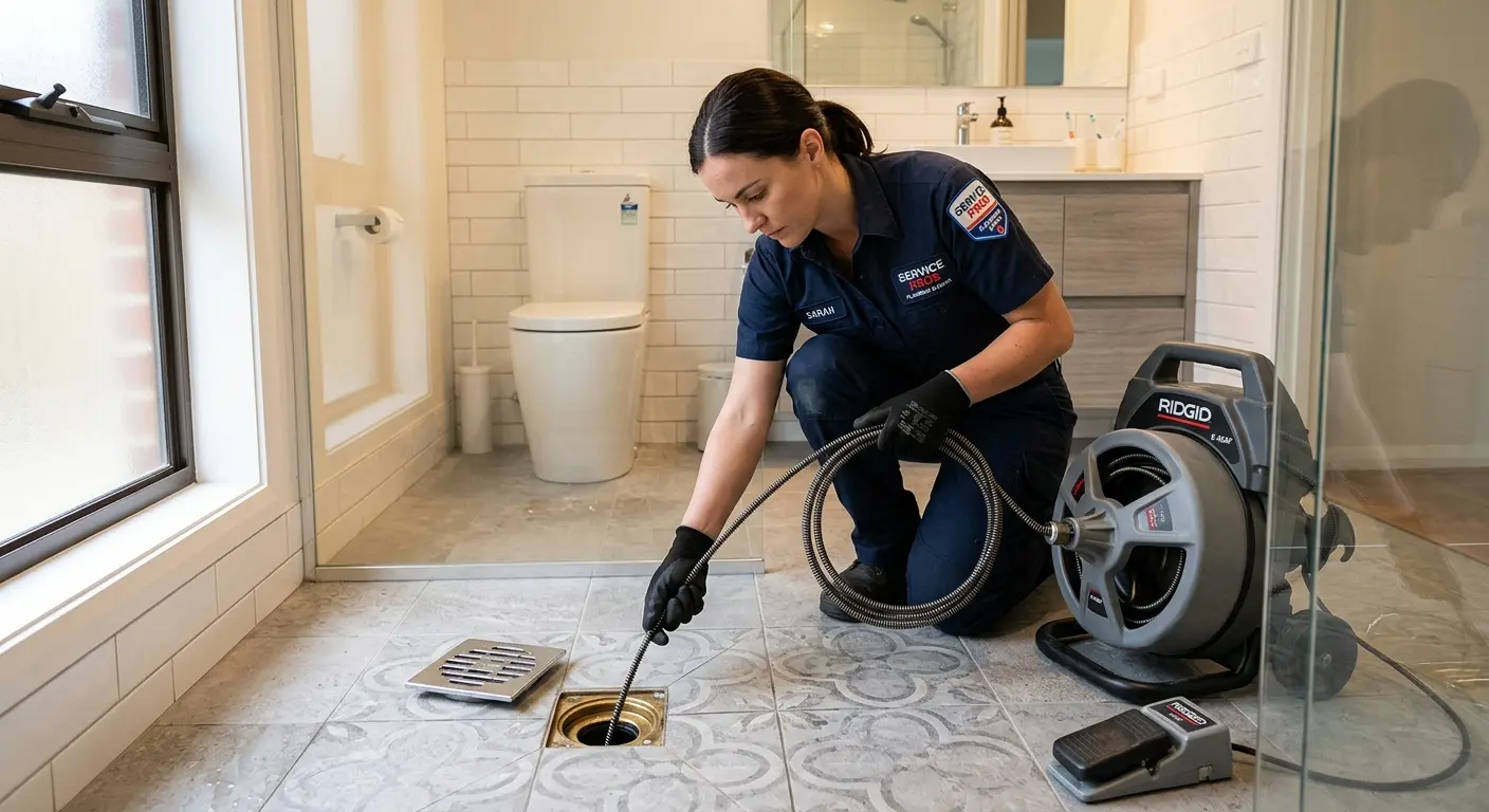 Technician clearing a bathroom floor drain for Drain Cleaning in Lochearn